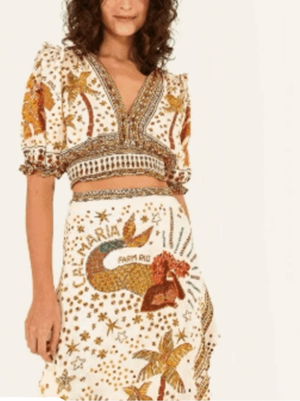 FARM RIO SZ M Bohemian White and Gold Printed top cropped - Picture 2 of 9
